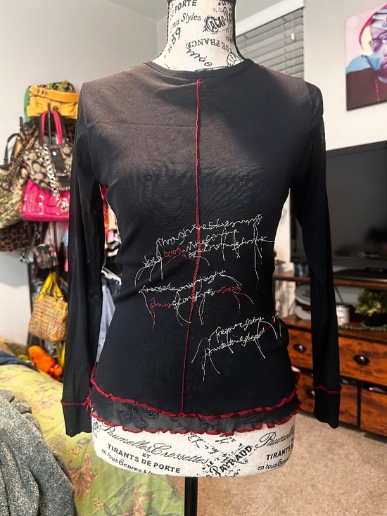 other Tops - Black double layer mesh euro long sleeve top with red trim and intentional threa